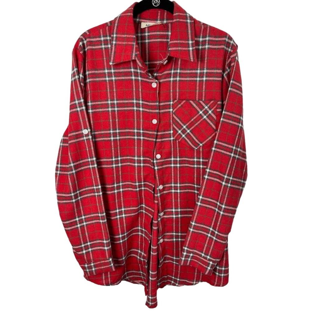 Red Flannel Shirt Womens Size Small Plaid Button Up Shirt Long Sleeve Knit‎ Top